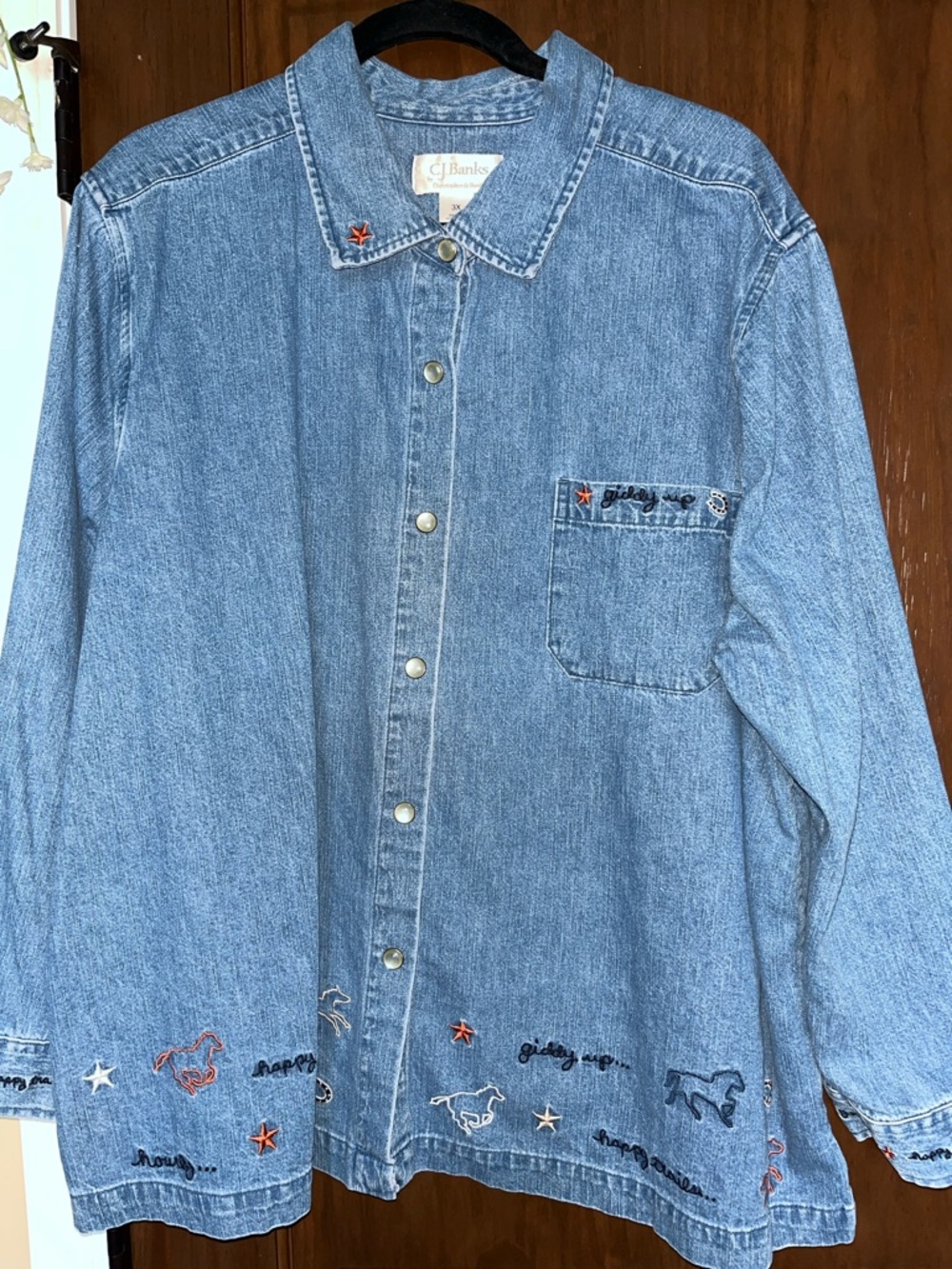 CJ Banks Light Blue Embroidered Denim Button-Front Shirt with Horse Motif